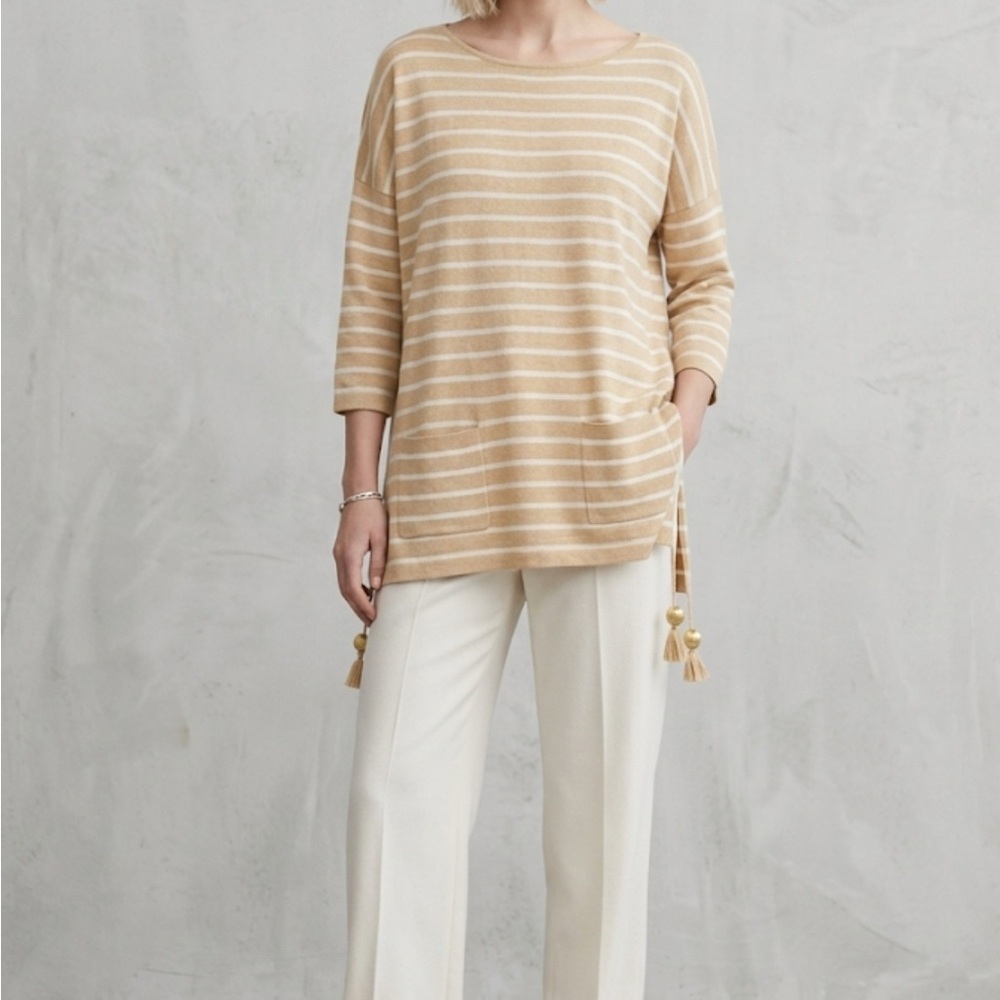 Lilly Pulitzer Sweater S White Tan Striped Oversized Knit Pockets Pom Pom Boho